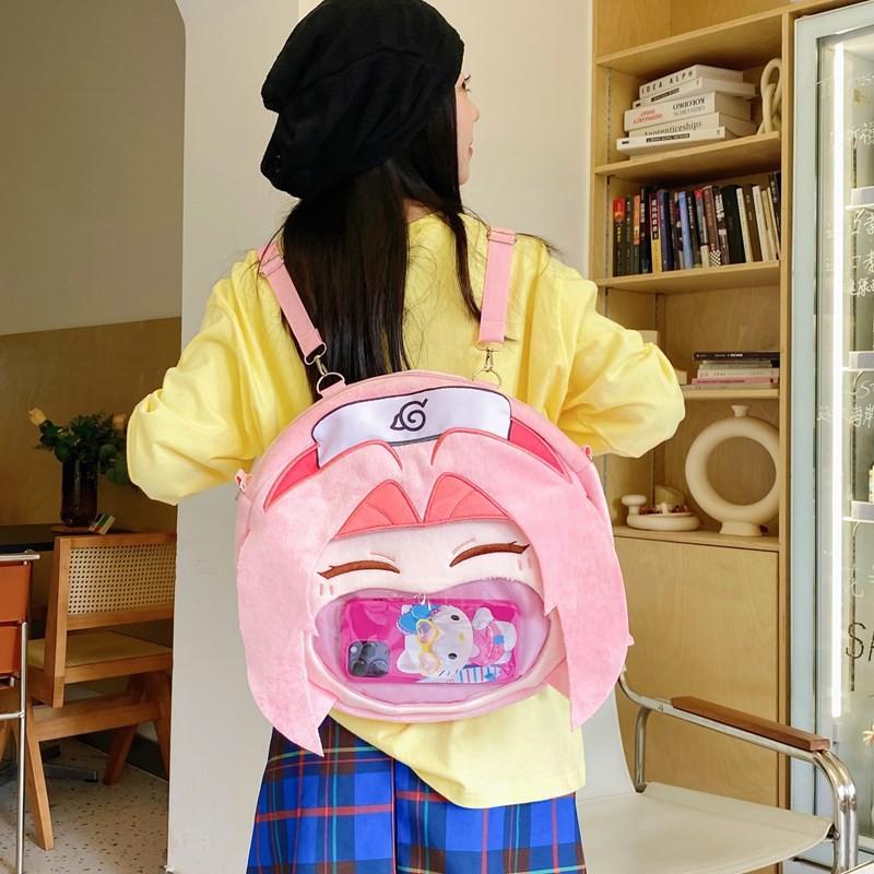 Haruno Sakura Uzumaki Naruto Cartoon Pattern Plush Backpack Cute Student Bag