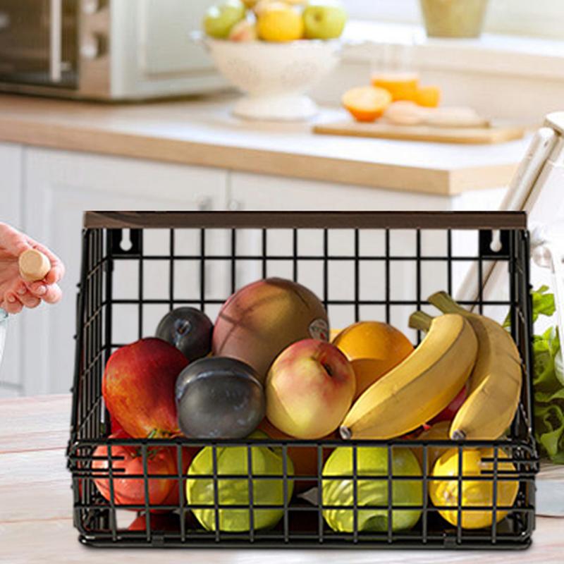 Fruit Vegetable Basket Snack Organizer Wall Mount Kitchen Basket Metal Storage Basket With Hook Countertop Storage Organizer