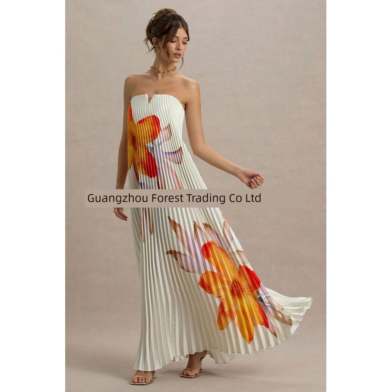 

European and American Fashion Temperament Print Pleat Dress Sleeveless Tube Top French style Vacation Long dress White S