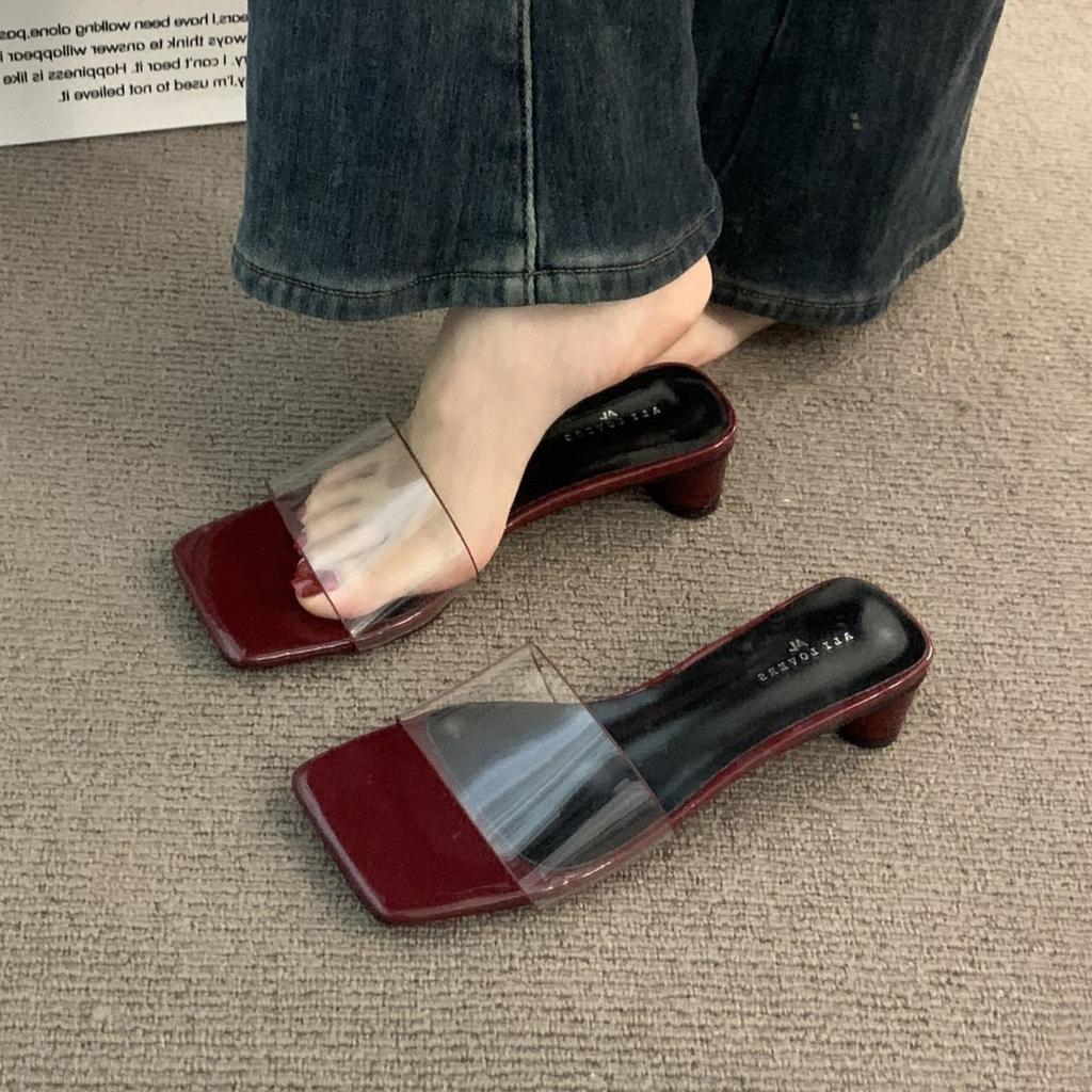 French Burgundy Transparent Belt Thick Heel Temperament One-word Slippers Fashion Middle Heel Sandals Travel Exquisite Sandals