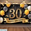 2D 30th Happy Birthday Backdrop, Black Background with Golden Number 30 and Balloons