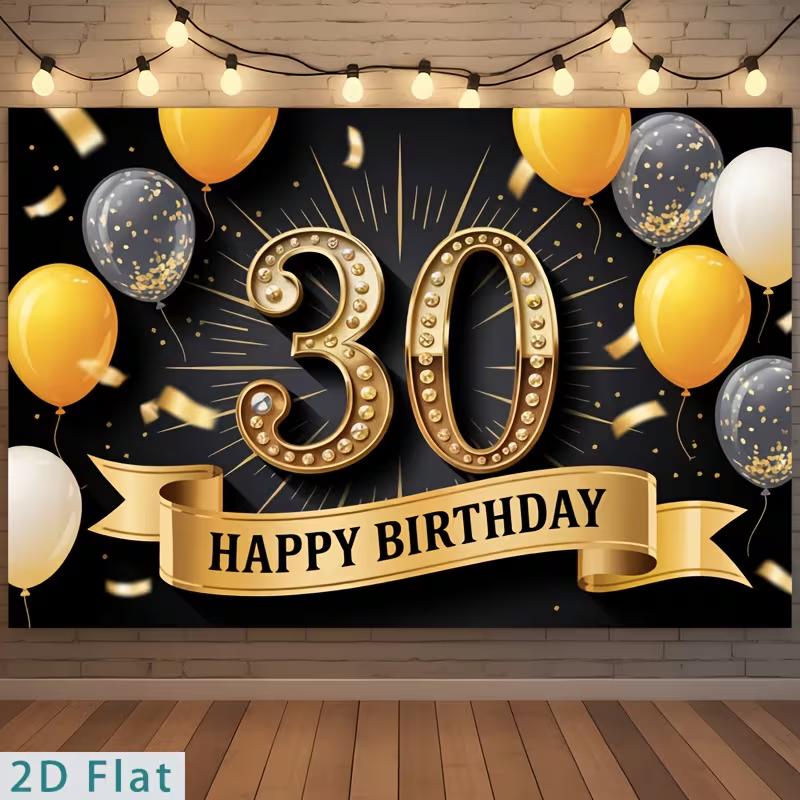 

2D 30th Happy Birthday Backdrop, Black Background with Golden Number 30 and Balloons 47.2x31.5inch/120*80cm