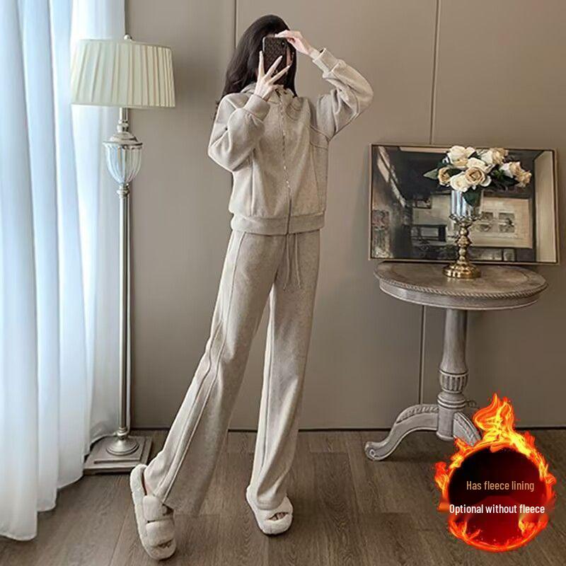 Europäischer Stil Kapuzen-Fleece-Sweatshirt & Weitbein-Hosen Set für Damen - Herbst/Winter Mode Freizeit Sportbekleidung Zweiteiliges Set