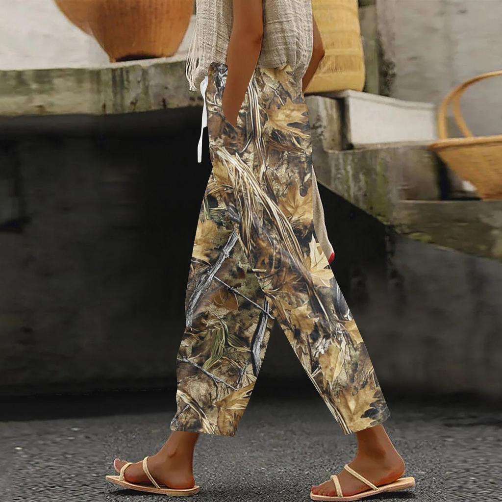 Women's fashion printed drawstring pocket elastic waist casual pants