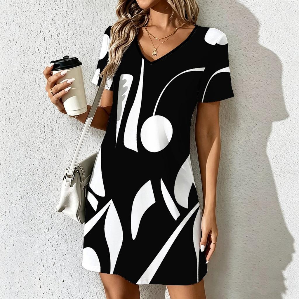 Summer Fashion Women's V Neck Short Sleeve Geometric Lines Pattern Printed Dress Sex Short Skirt Dresses