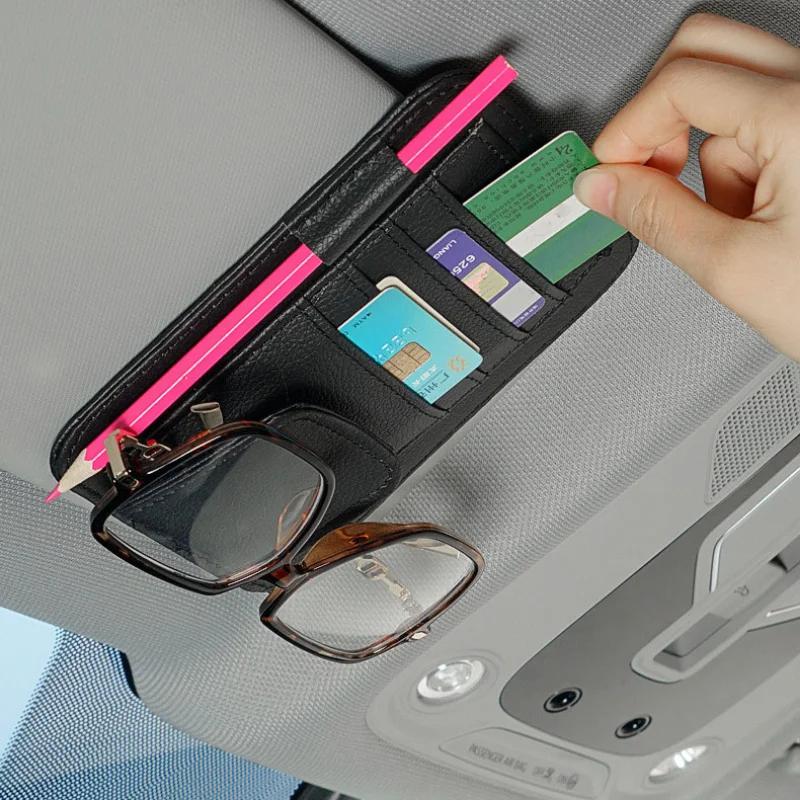 Car Sun Visor Organizer Pu Leather Car Document Storage Pouch Pen Holder Multi-Pocket Sunglasses Clip Auto Interior Accessories