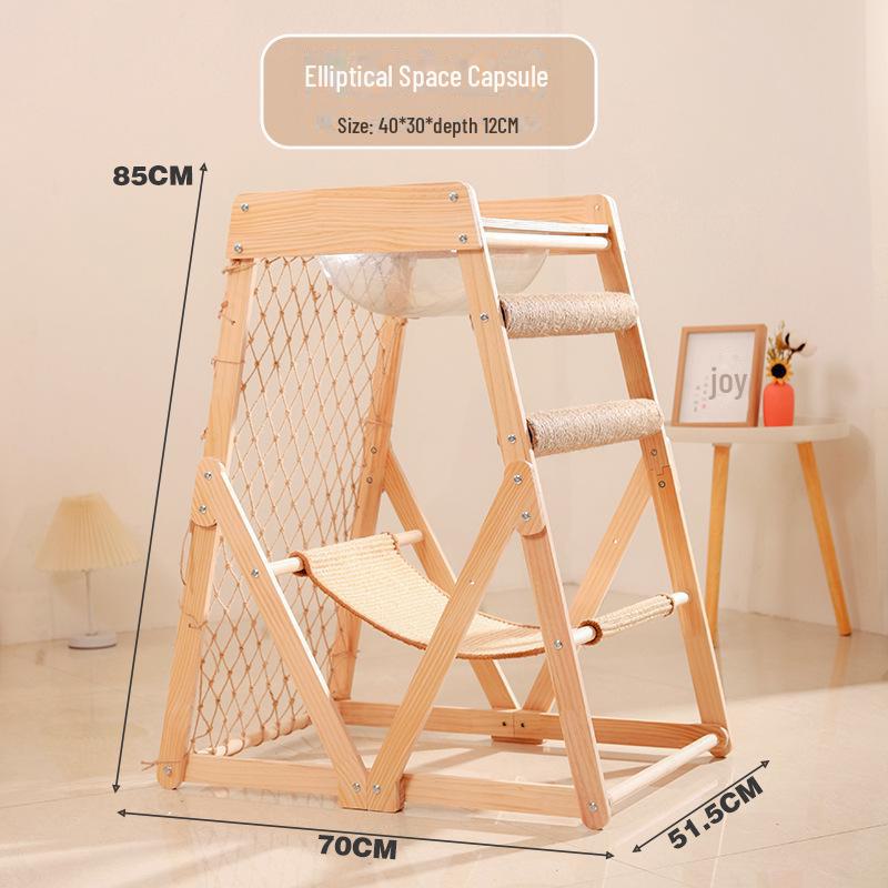Solid Wood Cat Climbing Frame with Sisal Scratching Board & Hammock - Wear-Resistant, Non-Chipping Design.