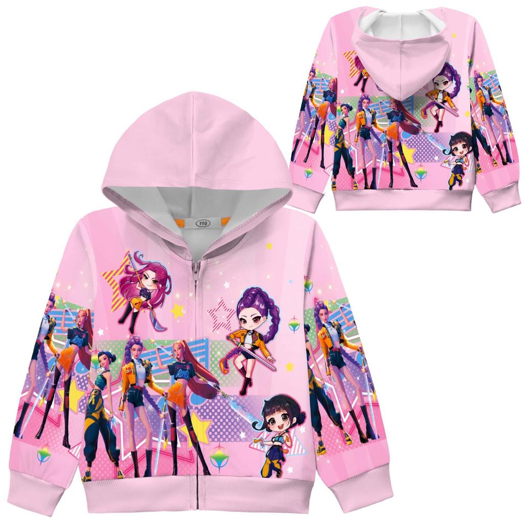 Kids Girls POP Singer Rumi Zoey Mira Printed Casual Hooded Zipper Long Sleeves Jacket Coat Clothes Sale
