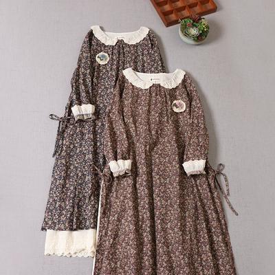 Literary Retro Doll Collar Floral Dress Spring and Autumn Loose Long-sleeved Large Size Cotton and Linen Long Skirt