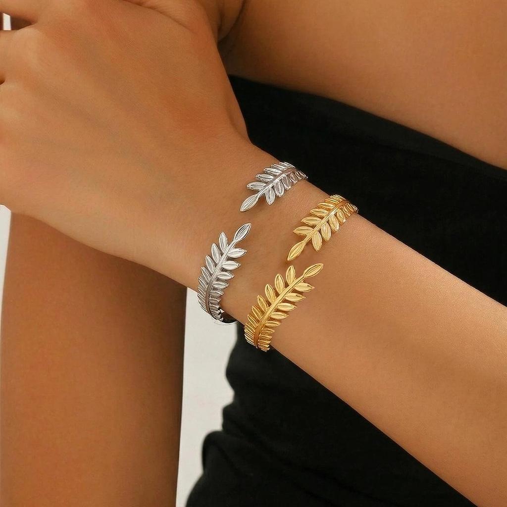 Elegant Stainless Steel Leaf Bracelet for Women - Forest Style with Versatile Wheat Ear Open Cuff Design