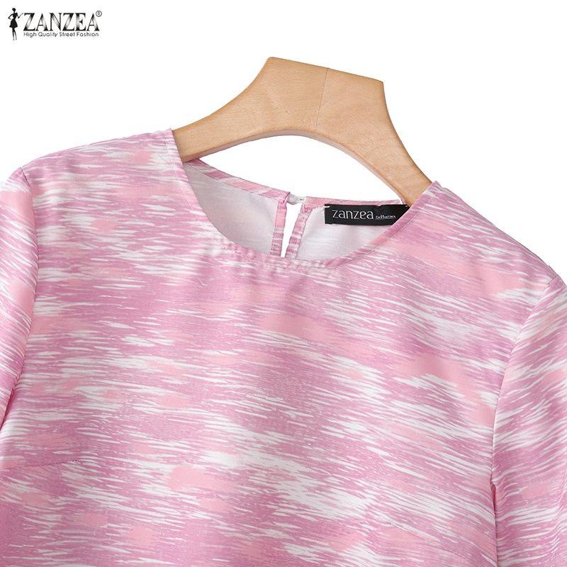ZANZEA Women Casual Round Neck Flare Sleeve Loose Print Blouse