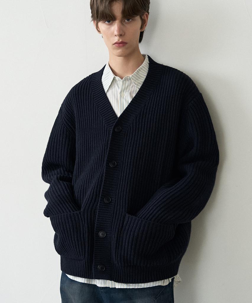 Draw Fit Oversized Bulky V-Neck Cardigan [Navy]