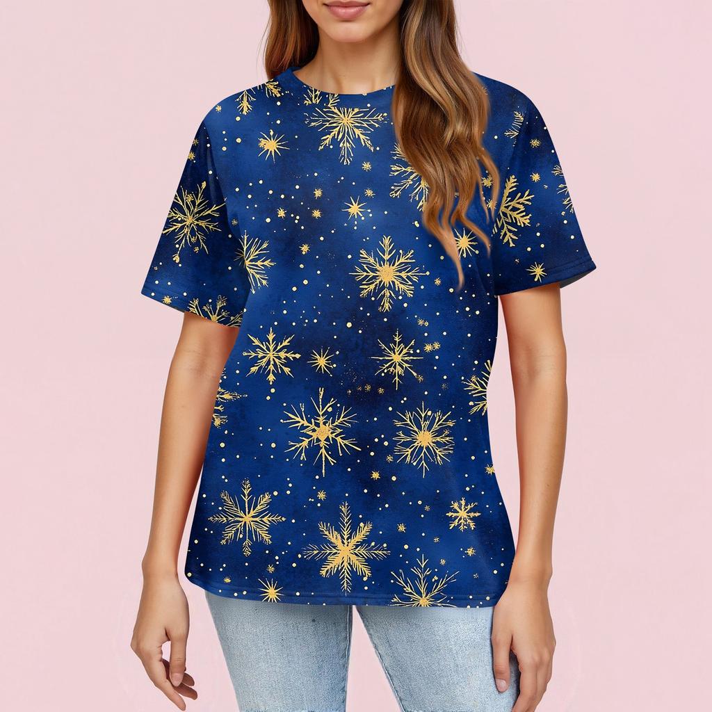 Women's Fashionable Casual Short Sleeve Christmas Print Round Neck Pullover Top