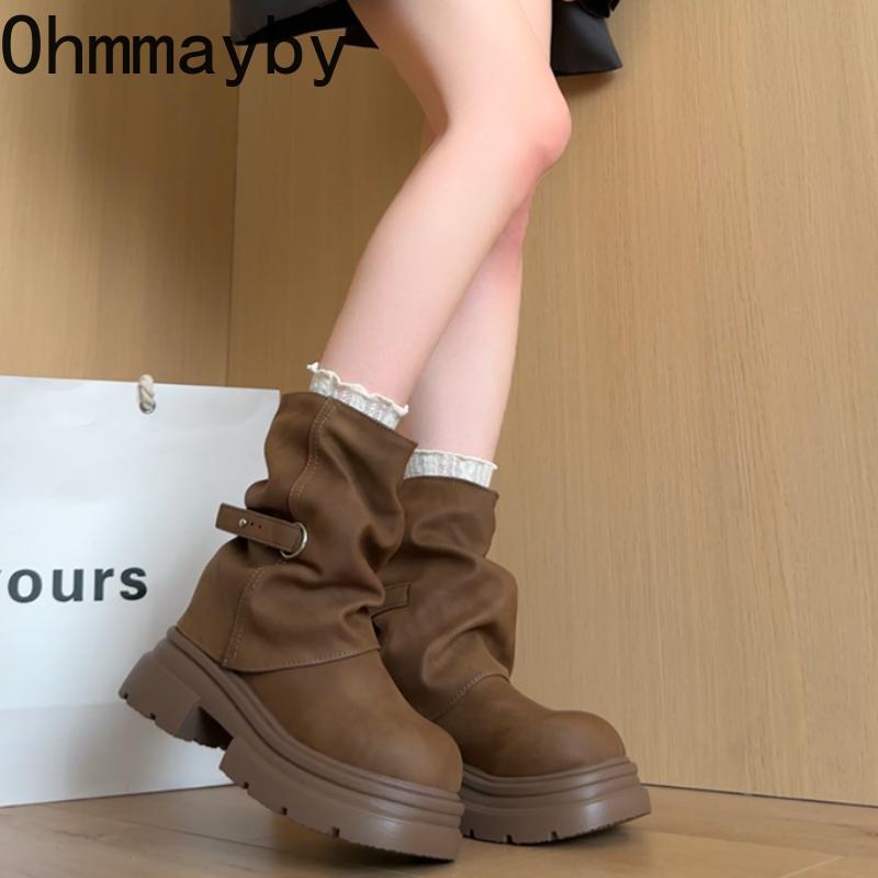 Fashion Thick Bottom Women Pipe Short Boots Punk Style Belt Buckle Slip On Shoes Autumn Winter Women's Motorcycle Booties