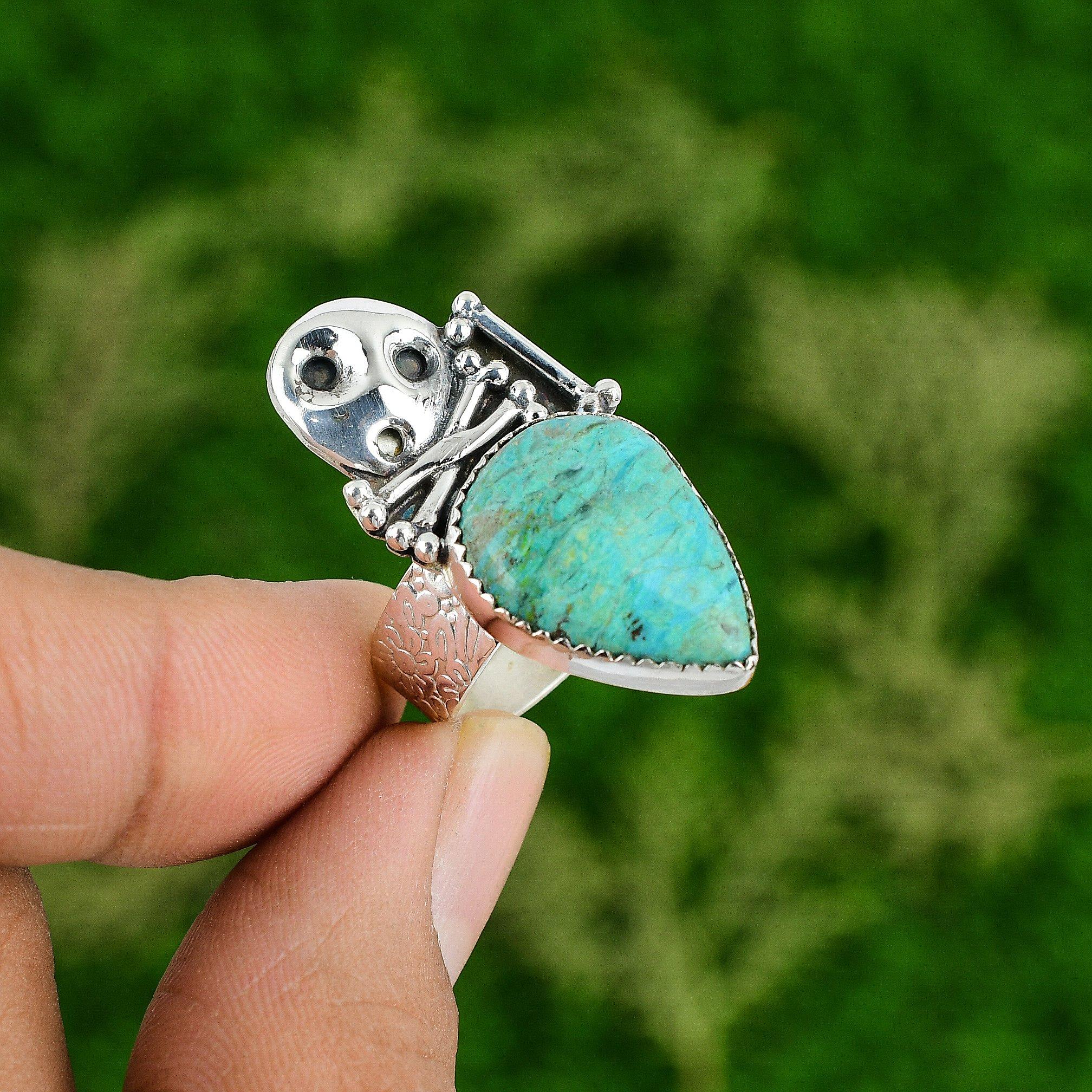 

925 Silver Natural Shattuckite Promise Skull And Bone Adjustable Ring Adjustable