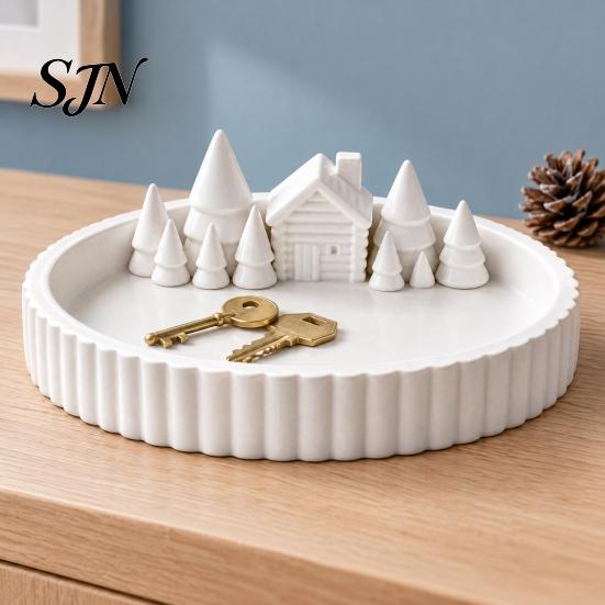 Jewelry Organizer Dish 3D Printed Winter Christmas Village Trinket Tray, Cottage Fir Tree Decorative Storage Tray Dish, Desktop for Vanity Entryway,