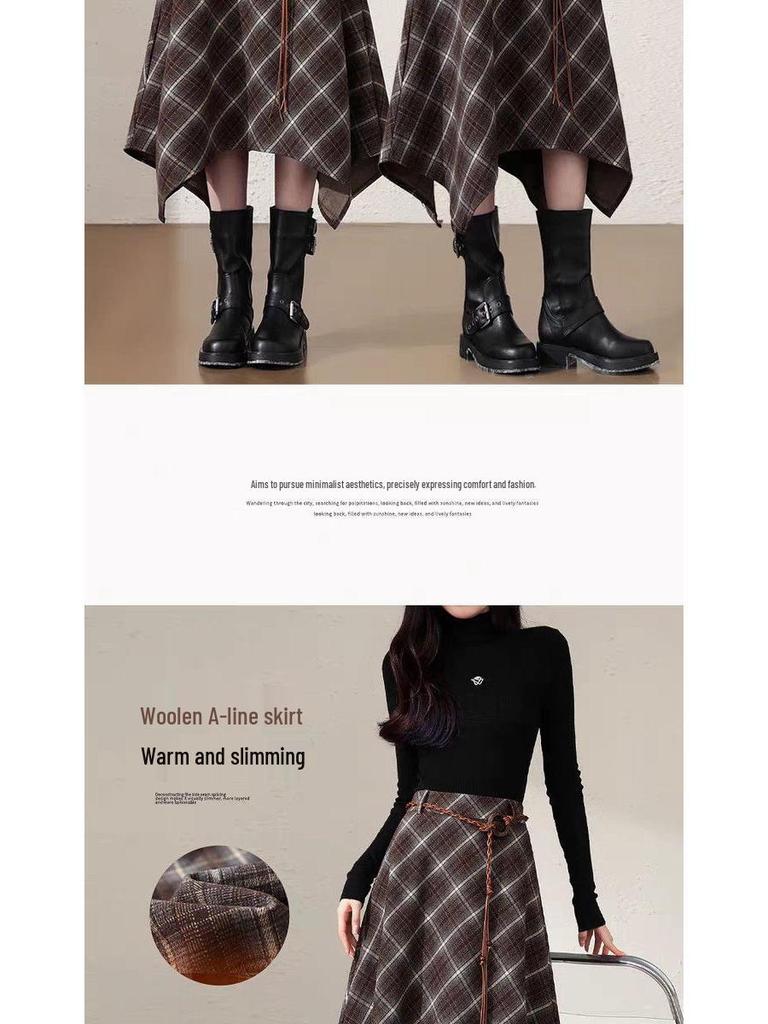Women's Retro Irregular Plaid Woolen A-line Long Skirt - Autumn/Winter 2025 Collection