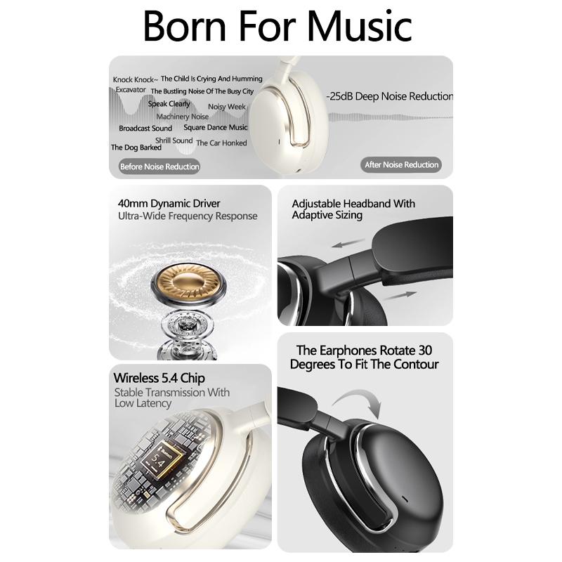 ANC Wireless Headset Bluetooth 5.4 Headphone 25dB Deep Noise Canceling Hi-Fi Audio Earphone Over Ear Adjustable Zero Pressure Head Wrap Earmuffs