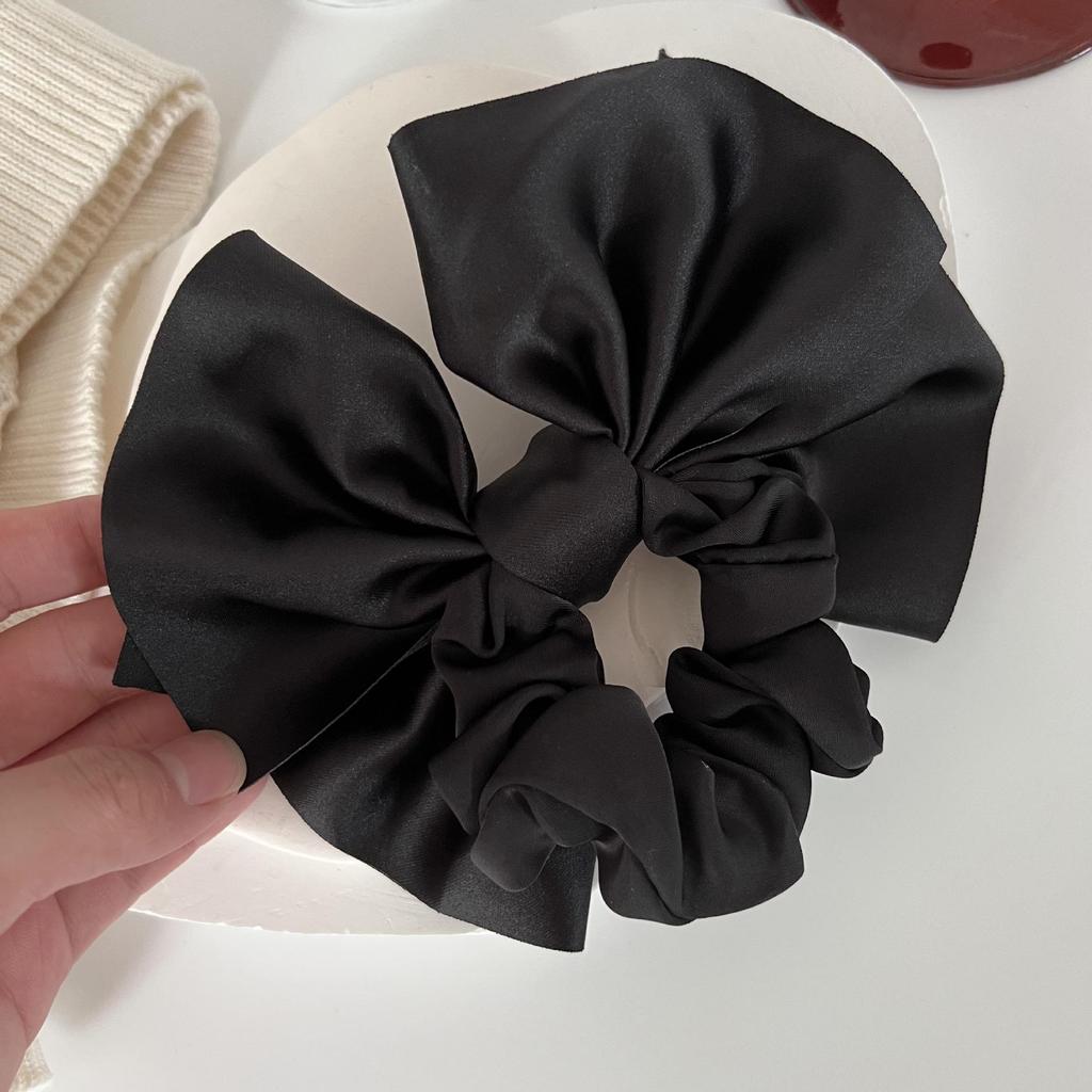 Elegant Black Satin Bow Headband with Elastic Hair Tie for French Bun