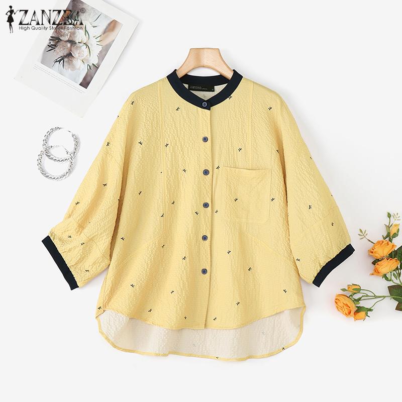 ZANZEA Women Casual Round Neck Summer 3/4 Sleeve Loose Print Blouse