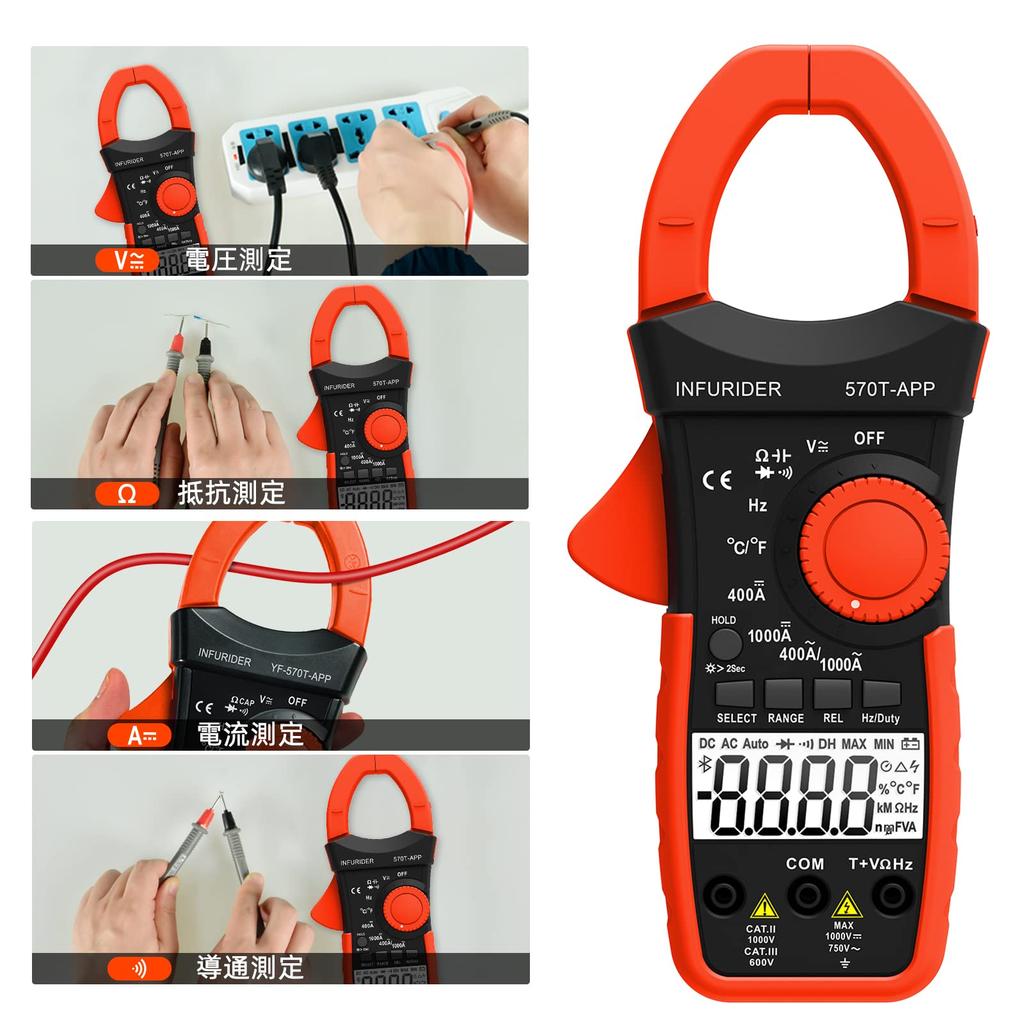 INFURIDER Digital Bluetooth Clamp 6000 and Temperature Measurements Instruction Manual YF-570T-APP AC/DC Meter, True-RMS, Counts, Auto-Ranging, DC/AC
