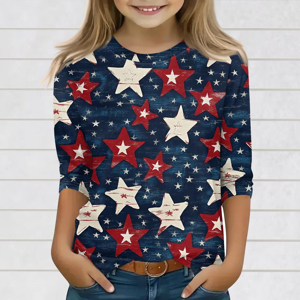 Topuri cu imprimeu pentru fete tinere 3-10 ani Gât rotund Mâneci 3/4 Tricouri Topuri la modă Ținută Tricouri