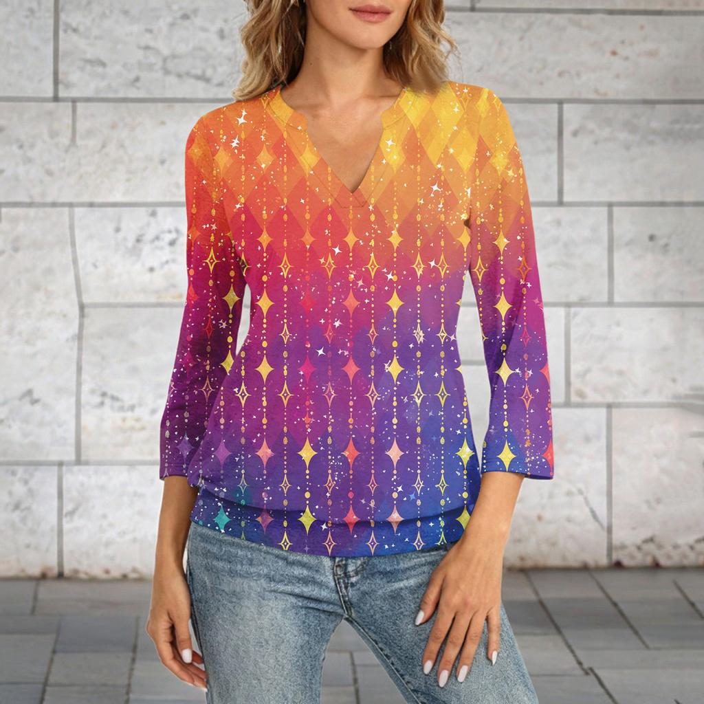 Women's 3/4 Sleeve Top With Cuffed Hem, V-Neck, Summer Casual -Shirt, Carnival Printed Top