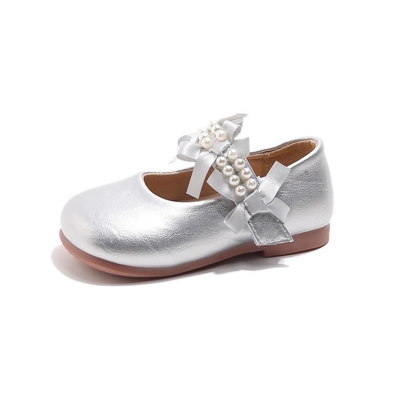 Girls leather shoes 2025 new children's pearl bow princess shoes girls show single shoes soft-soled Mary Jane shoes