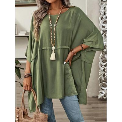 Mode Neu Fledermausärmel Locker Lässiges Hemd Damen Elegant Rundhals Uni Übergröße Damenbluse Sommer Einfach Büro Damenhemden Oberteile 25905