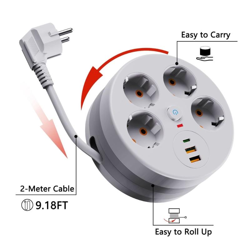 Power Extension Block Intelligent Design 4 Outlet 3 USB Charging Port 280Cm Adjustable Length Cable with Protections