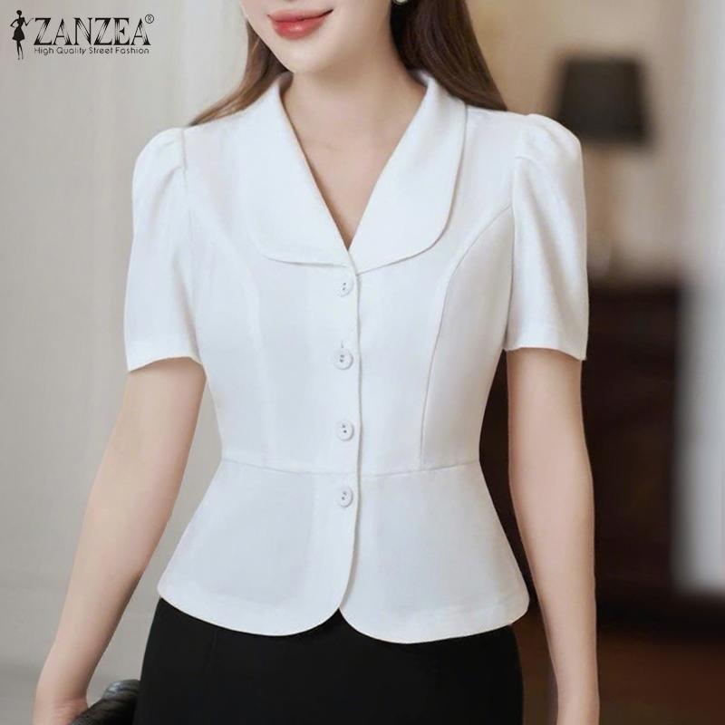 ZANZEA Women Classic Collar Summer Casual Short Sleeve Blouse