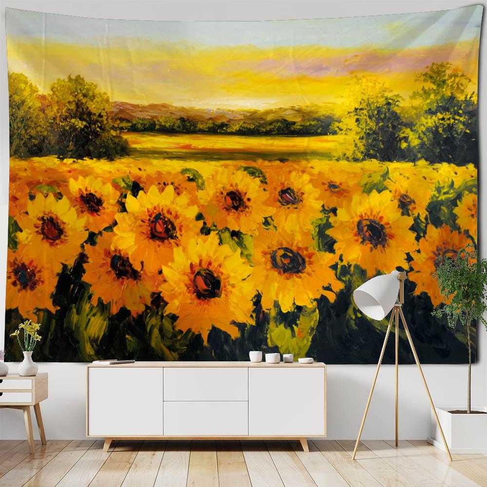 Sunflower Landscape Tapestry Bedroom Aesthetics Wall Decoration Blanket Retro Oil Painting Printing Living Room Large Tapestry