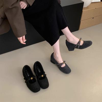 Inner Height Increase Thick Heel Gray Fluffy Shoes Female Winter Korean Version Fairy Mary Jane Shoes Velvet Warm Cotton Shoes