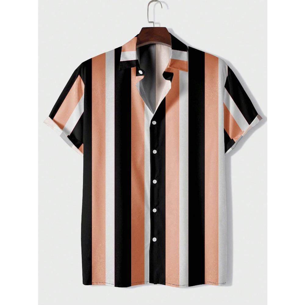 New European and American Printed Men's Shirt Casual Striped Versatile Top Short Sleeved