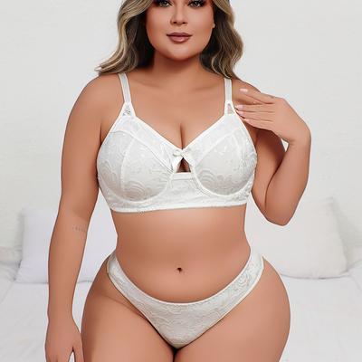 Set di Lingerie Sexy Taglie Forti da Donna Monocolore con Bretelle Raccolte, Reggiseno Bianco e Slip Set Due Pezzi