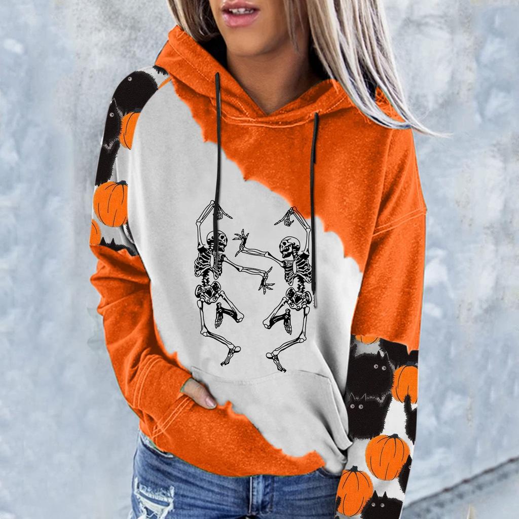 Women's Casual Fashion 2022 Halloween Print Long Sleeve Pullover Hooded Top