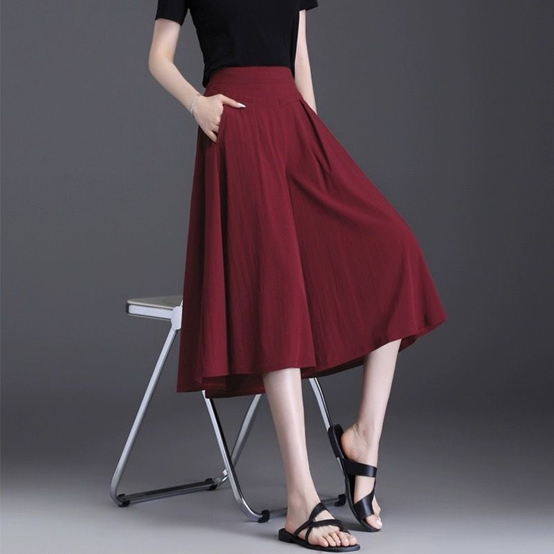 Cropped Pants for Women Summer New Loose Skirts High Waist Mother Pants Wide Legs Slim Solid Color Casual Skirt Women