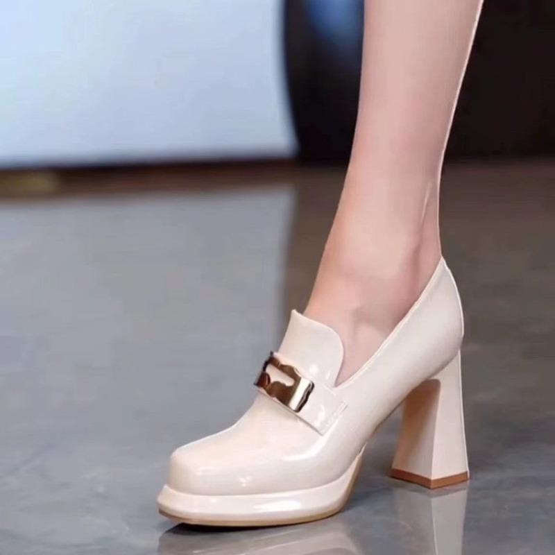 Fashion Women's Fashion Thick Heel Shoes Fall New Square Head Deep Mouth Metal Buckle Anti-slip Wear-resistant High Heels