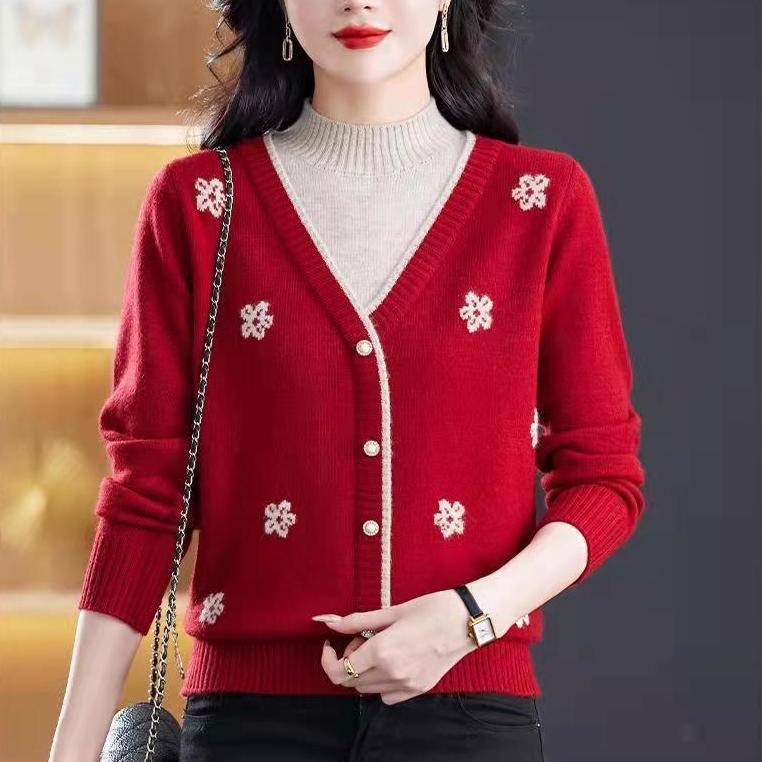 Women's Semi-turtleneck Sweater Autumn Winter Thickened Printed Color-block Knit Sweater Loose Jacquard Pullover Knit Top Outwear
