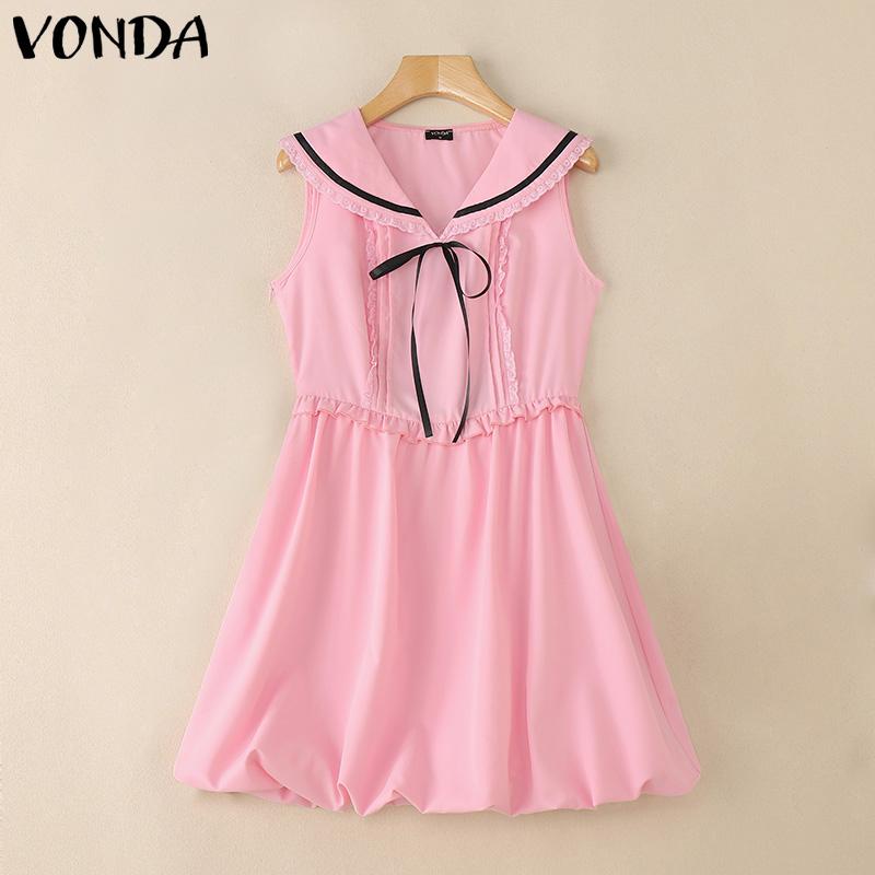 VONDA Women Naval Collar Sleeveless Crochet Hem Slim Waist Pleated Dress