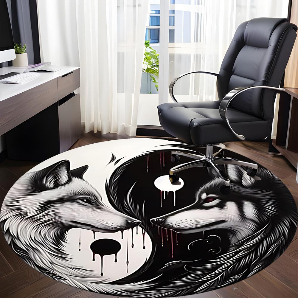 1pc Wolf YinYang Office Round Area Rug, Under Office Chairs Bedroom Living Room Home Decor, Room Deco