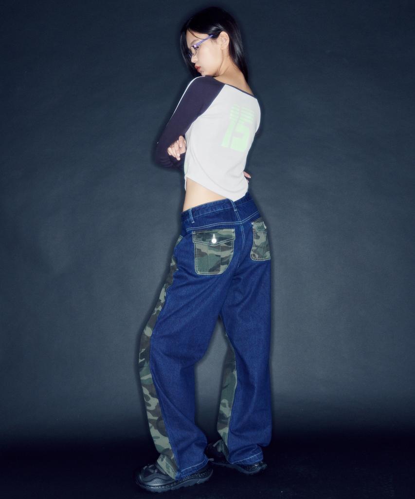 Leoninghai Camouflage Panel Denim Pants [Blue]