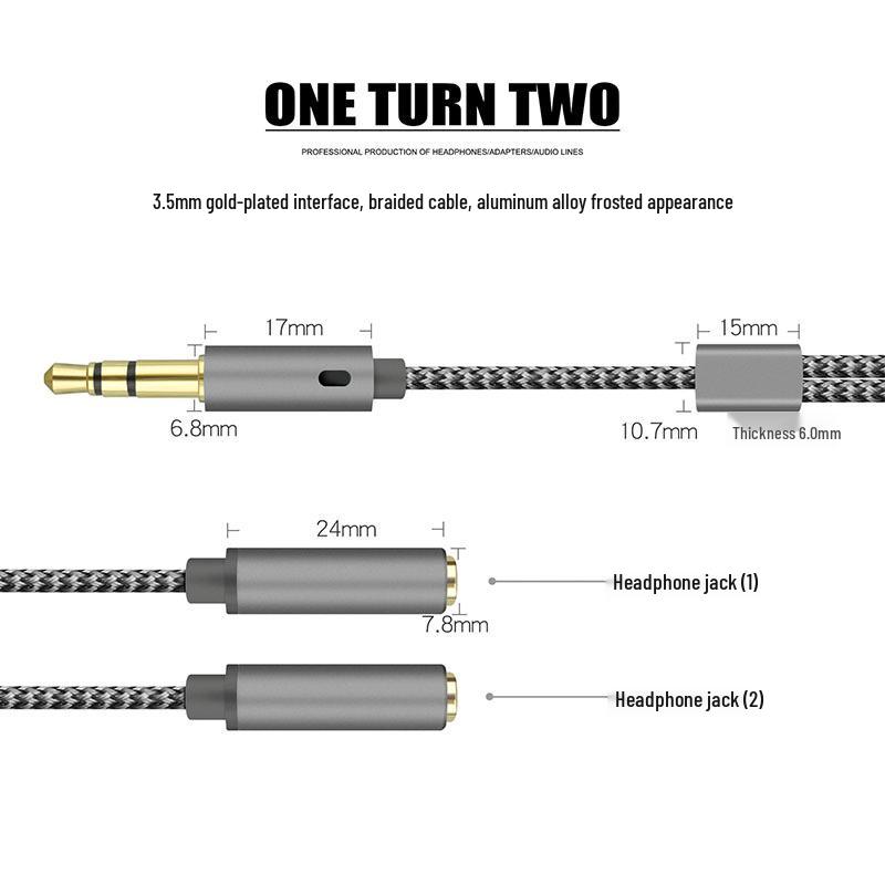 Gold-Plated 3.5mm One-to-Two Audio Splitter: Male to Dual Female Nylon Braided Cable