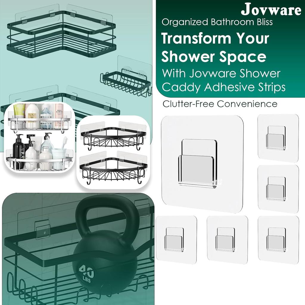 Adhesive Shower Caddy Replacement Sticker - Flat Hooks for Bathroom Organizer and Kitchen - Transparent Strong Hooks - 6 Pack