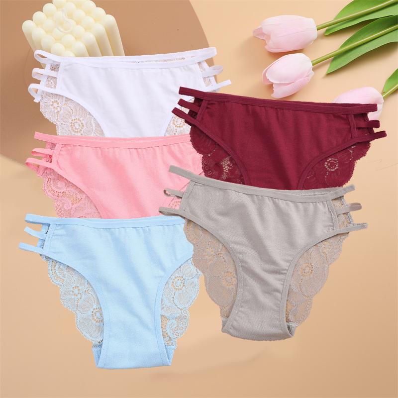 5PCS Women Lace Floral Underpants Sexy Triple Belts Panties Female Low-Waist Perspective Briefs Soft Lingerie Underwear