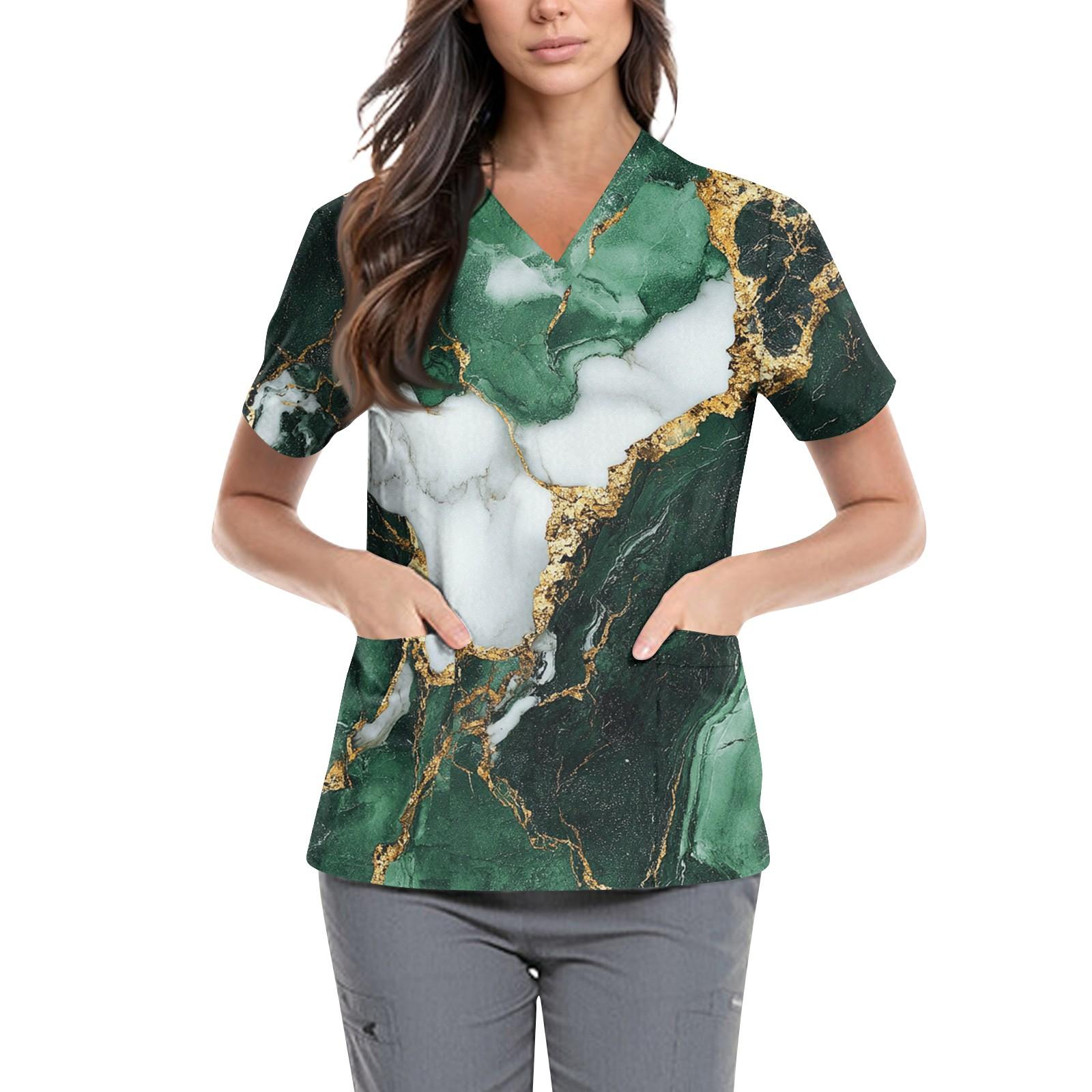 

Женская симпатичная принтованная рабочая одежда с V-образным вырезом, двухслойными карманами, базовым коротким рукавом, пуловером ко Дню святого Валентина XXL зелёный