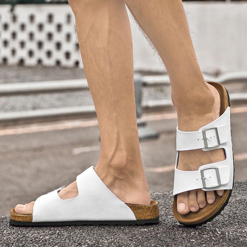 Fashion Male Soft Flats Comfortable Bottom Slippers Summer Beach Sandals Classic Double Button Slippers Leather Soft Walking Half Drag