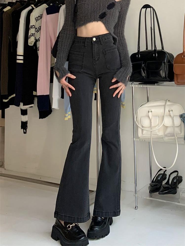 Schwarz Grau Hoch taillierte Ausgestellte Jeans frauen Retro Gerade Elastische Dünne Schlanke Weite bein Ausgestellte Hosen Weibliche Hosen