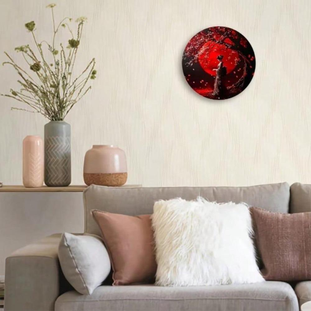 Vintage Japanese Geisha Metal Wall Art with Cherry Blossom Moon Pre Drilled for Home Office Decor Unique Gift