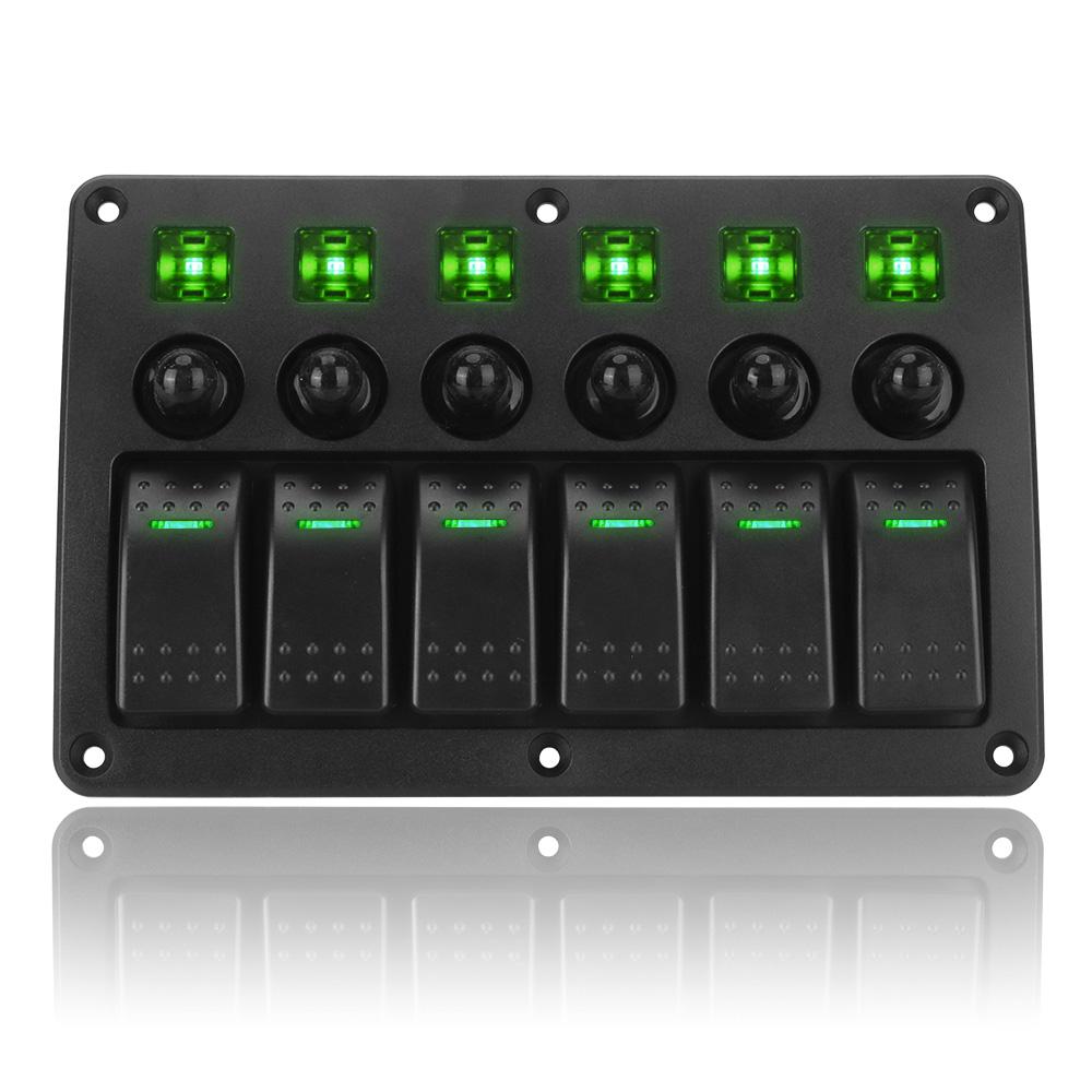 Marine Rocker Switch Panel 6 Gang Car Switch Panel Waterproof with Sticker Interior Parts LED Light 12~24V Circuit Control